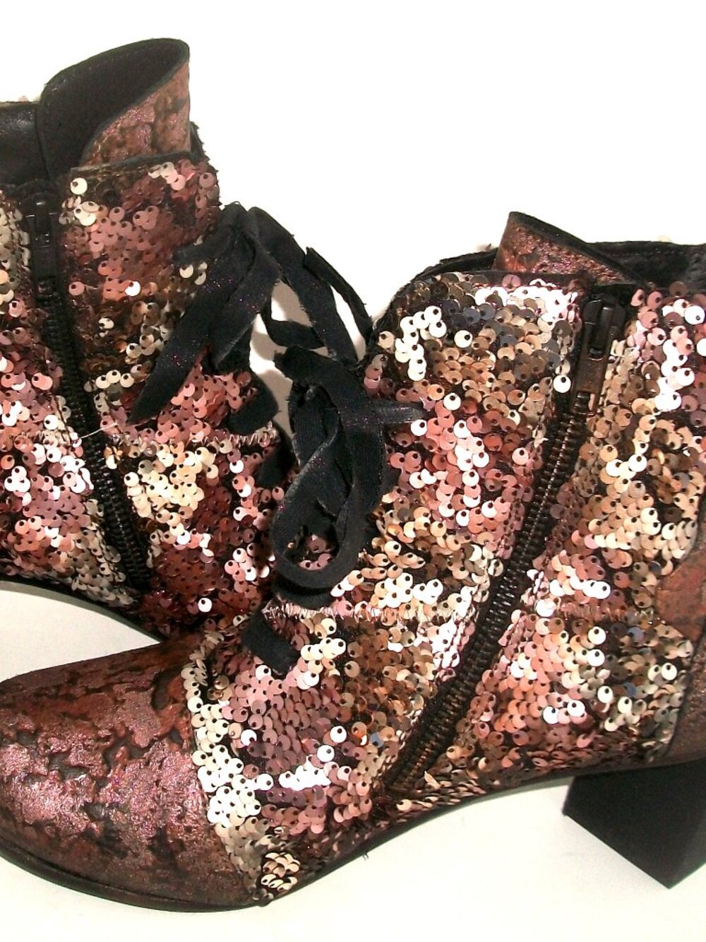 Papucei Handmade Lace Up Sequined & Textured Painted  Leather High Heel Boots